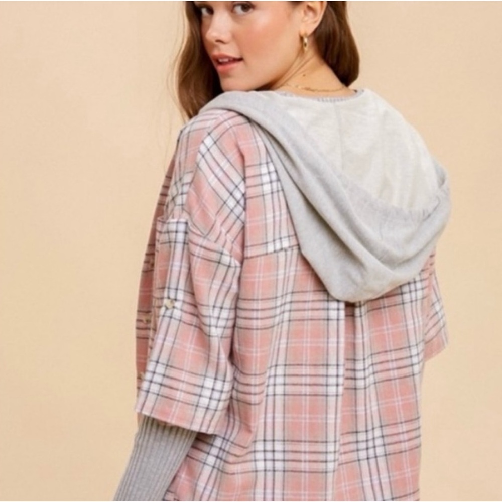 Hem & Thread NWT Plaid Pink and Gray Hooded Lightweight Jacket - Picture 3 of 3